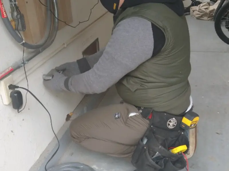 Electrician performing outlet wiring in a Chaparral garage